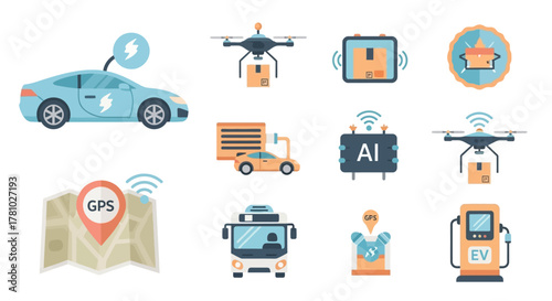 Collection of flat design icons for smart transportation, including autonomous cars, delivery drones, and AI technology.