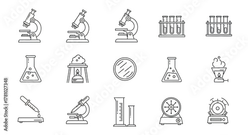 Collection of Hand-Drawn Scientific Laboratory Equipment Icons.