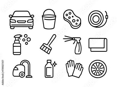 Car cleaning tools and equipment icons for comprehensive auto maintenance