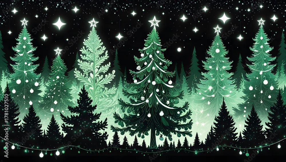 Obraz premium Emerald Green Line Art Christmas Forest Under Celestial Starlight. Ideal for holiday cards, prints, and elegant festive designs.