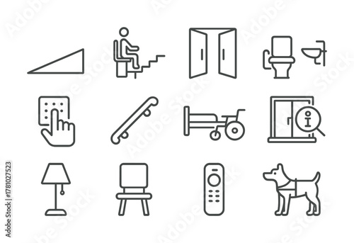 Accessibility icons set: wheelchair ramp, braille, toilet, dog, handrails, bed, remote, doorway