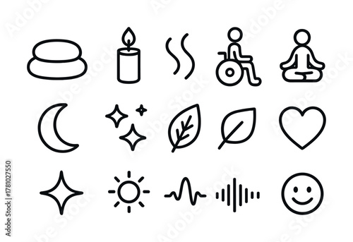 Wellness icons set: meditation, relaxation, and nature symbols