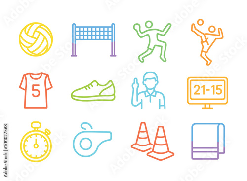 Colorful volleyball icons featuring equipment, players, and officials