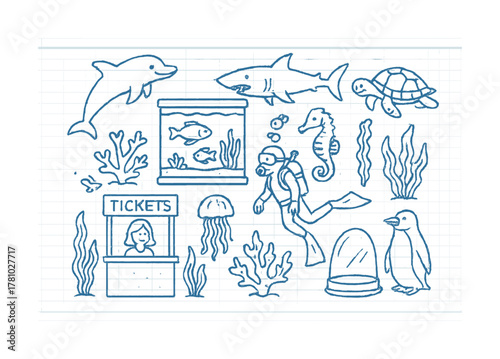Aquarium doodles: marine life and diver with ticket booth on lined background