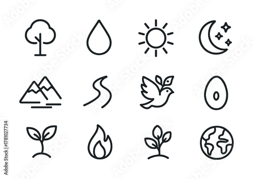 Nature icon set: trees, water, sun, moon, mountains, birds, seeds, fire, earth