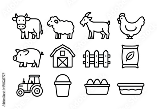 Farm animal icons: cow, sheep, goat, chicken, pig, barn, tractor, eggs