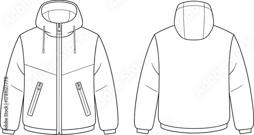 Puffer hooded jacket vector template front and back view, unisex winter outerwear fashion design flat sketch illustration for apparel mockup