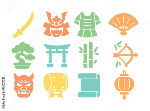 Traditional japanese symbols: samurai, kimono, bonsai, torii, bamboo, fan, oni mask, lantern