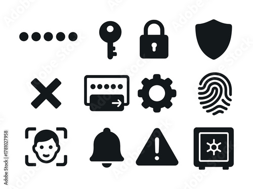 Security icons set: key, lock, fingerprint, shield, gear, safe symbols