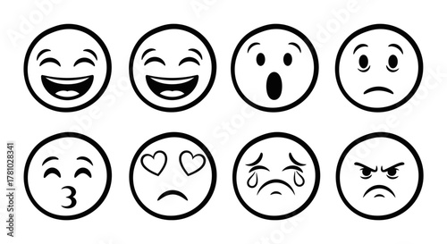 Simple Emotion Faces Icon Set | Black Line Emoji Expressions
