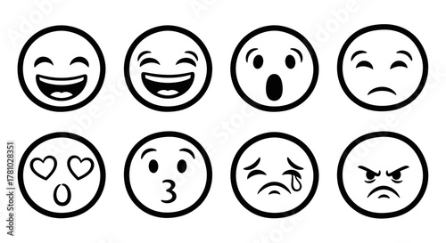 Simple Emotion Faces Icon Set | Black Line Emoji Expressions