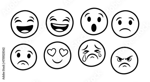 Simple Emotion Faces Icon Set | Black Line Emoji Expressions