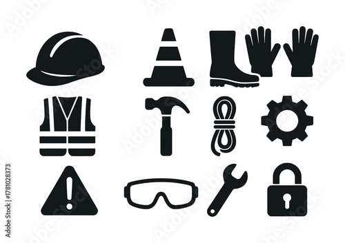 Safety equipment icons: helmet, vest, cone, boots, gloves, hammer, rope, gear, goggles, wrench, lock