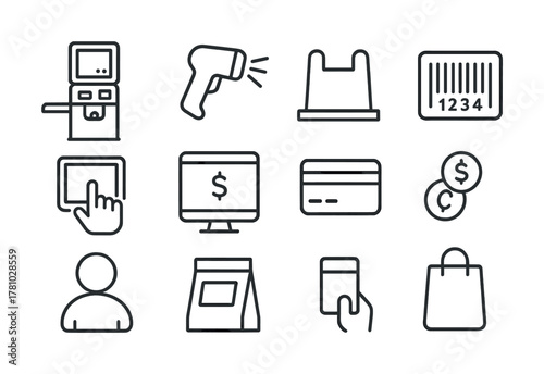 Retail icons: barcode, payment, shopping bag, pos terminal, scanner line art