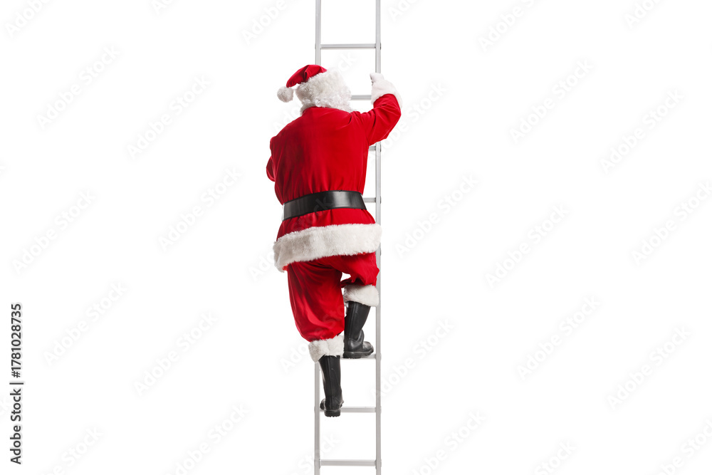 Fototapeta premium Rear view shot of Santa Claus climbing a ladder