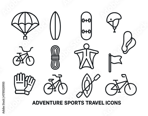 Adventure sports travel icons: parachute, surfboard, helmet, bicycle, kayak, wingsuit, flag