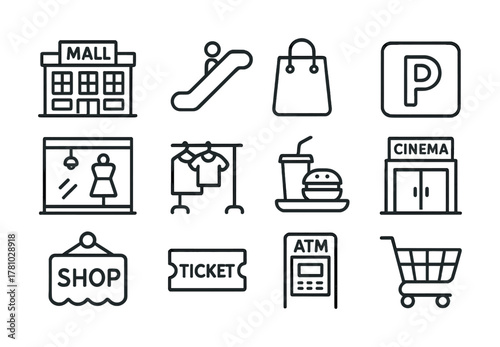 Mall icon set featuring shopping, dining, atm, parking, cinema, and more elements