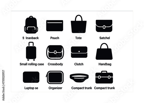Various bag icons: backpack, pouch, tote, satchel, more