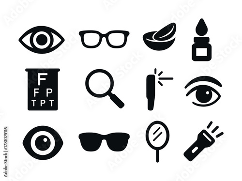 Eye care icons: glasses, contacts, eye drops, vision test, magnifying glass, flashlight