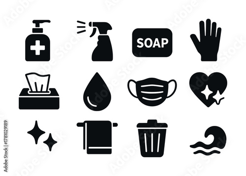 Hygiene and cleaning icons set: soap, sanitizer, mask, gloves, towel