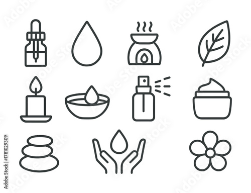 Aromatherapy essentials: icon set featuring oils, candles, diffusers, and natural elements