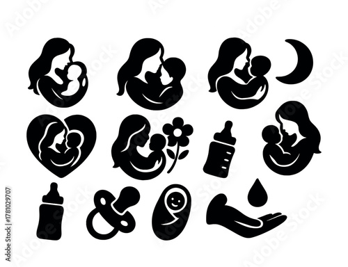 Mother and child icons: silhouettes and symbols of parenthood and nurturing
