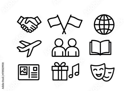Icon set featuring travel, people, business, and entertainment symbols