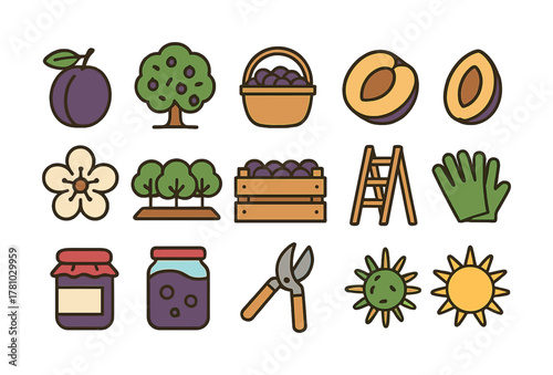 Plum harvest icons: fruits, trees, flowers, sun, and gardening tools