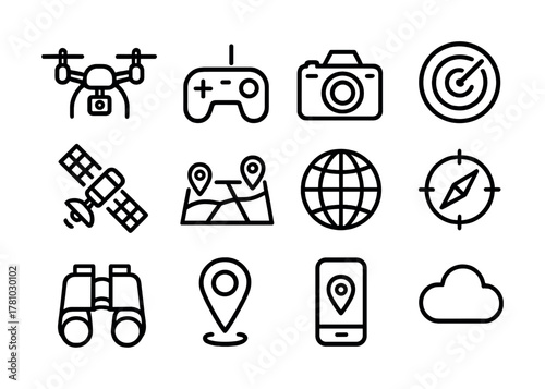 Outlined icons of drone, controller, camera, radar, satellite, map, globe, compass, binoculars, location marker, smartphone, cloud