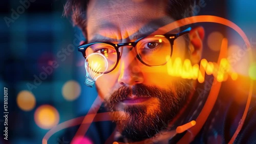Focused Man with Glasses Analyzes and Interacts with Glowing Digital Graphics and Light Bulb Against Colorful Backdrop, Symbolizing Innovation