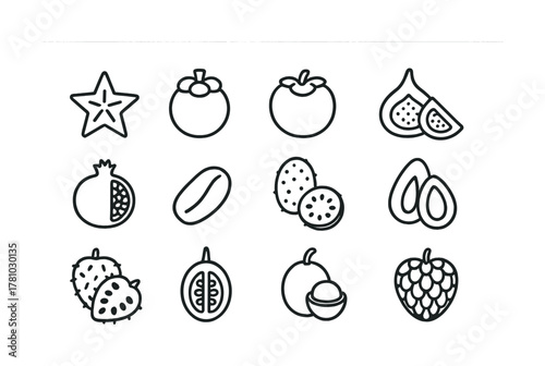 Outline icons of exotic fruits including starfruit and dragon fruit
