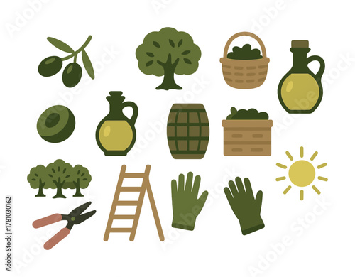 Olive harvest elements: trees, tools, and oil