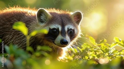 Curious Raccoon Exploring Vibrant Green Environment with Sunlight Filtering Through Lush Leaves and Foliage in Nature