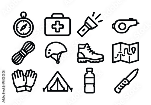 Camping gear icons: compass, first aid, flashlight, whistle, rope, helmet, boots, map