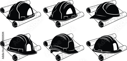Construction helmet with blueprints, architectural planning symbol, engineering safety icon, black silhouette pattern, design and build concept, white background layout