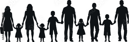 Family unity, people silhouette, holding hands, community bond, togetherness, parent child, social support, group harmony, flat vector illustration
