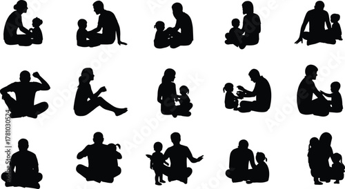 Adult child interaction, seated bonding, caregiving moments, silhouette figures, emotional connection, parenting scene, love, support, flat vector illustration
