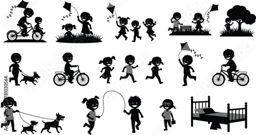 Children activities, family moments, outdoor play, indoor fun, biking, kite flying, walking dogs, reading, joyful lifestyle, flat vector illustration
