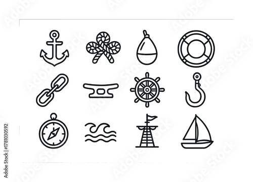 Nautical icons collection: anchor, lifebuoy, compass, sailboat, waves