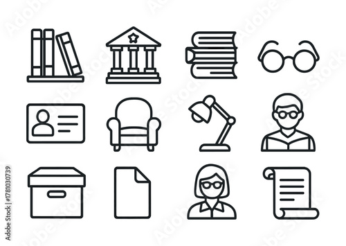 Library icons set: books, building, glasses, id card, chair, lamp, people, scroll