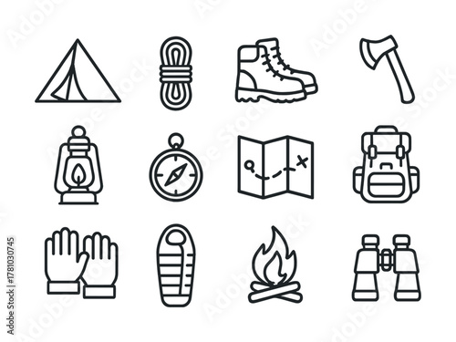 Camping essentials icons: tent, backpack, map, compass, lantern, binoculars, axe, boots, rope, gloves, sleeping bag, fire