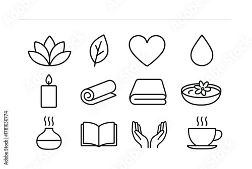 Wellness and relaxation symbols: lotus, leaf, heart, water, candle, and more