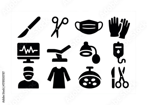 Medical equipment icons: surgical tools, monitoring, and protective gear
