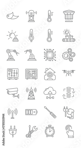 Collection of Smart Home and Technology Outline Icons, Including Automation, Security, and Energy Management.