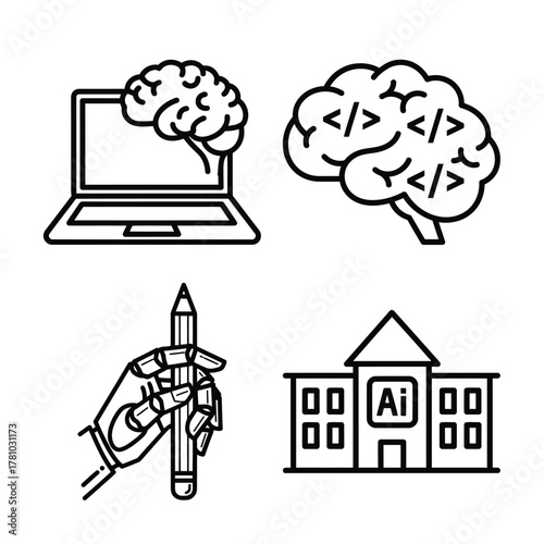 Artificial intelligence education icons isolated on white background concept of online ai courses, brain training, and digital learning