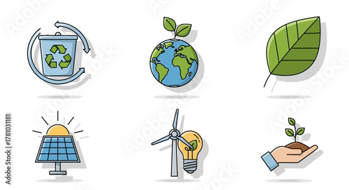 Colorful Eco-Friendly Icons Representing Sustainability, Renewable Energy, and Environmental Protection.