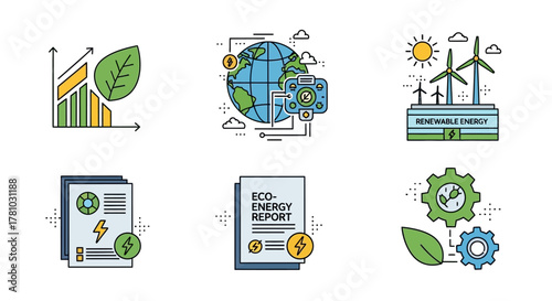 Colorful Eco-Friendly Energy Icons Depicting Renewable Resources and Sustainable Practices.