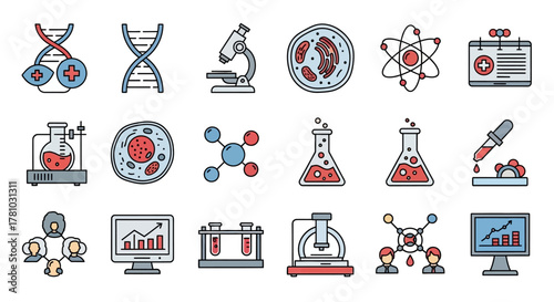 Colorful hand-drawn science and laboratory icon set featuring DNA, microscope, atom, and chemical flasks.