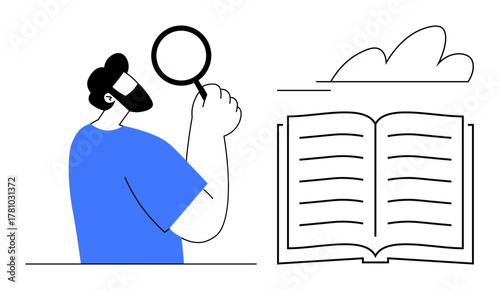 Man holding magnifying glass inspecting open book with lines of text, emphasizing study and discovery. Ideal for education, research, analysis, literacy, curiosity, exploration, simple flat metaphor