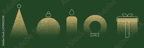 Silhouette from dots or noise christmas tree, ball, toy, candle, wreath, gift box. Set elements for winter holidays in minimal style. Modern vector illustration.